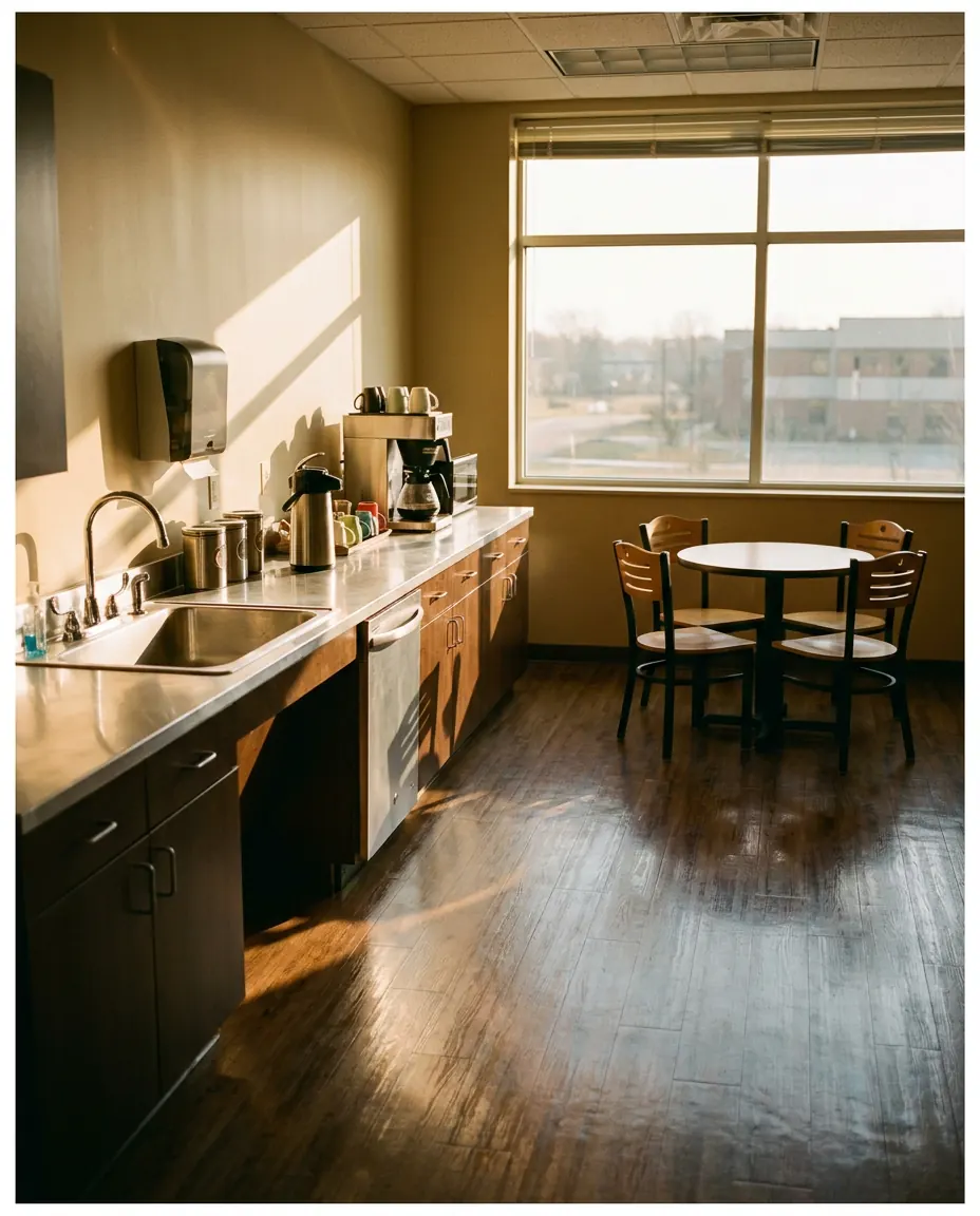 Clean office break room with wiped stainless counters and a freshly mopped floor