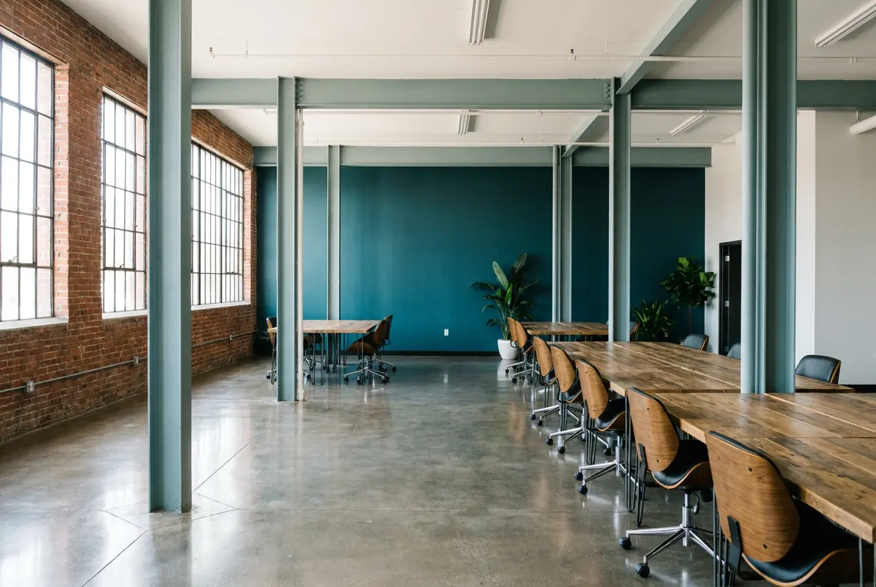 Open office in a converted brick factory building with polished concrete floors and tall windows