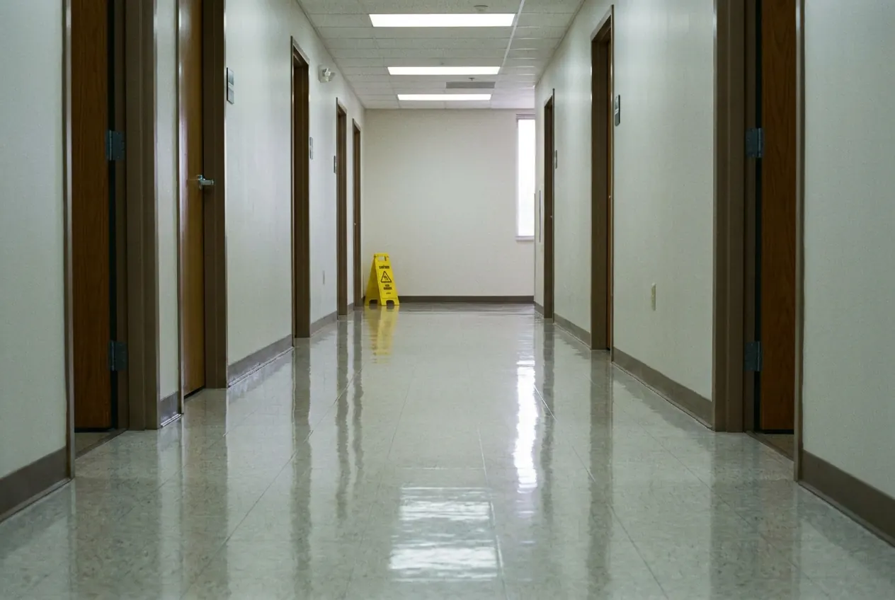 Clinic hallway with a freshly stripped and waxed tile floor
